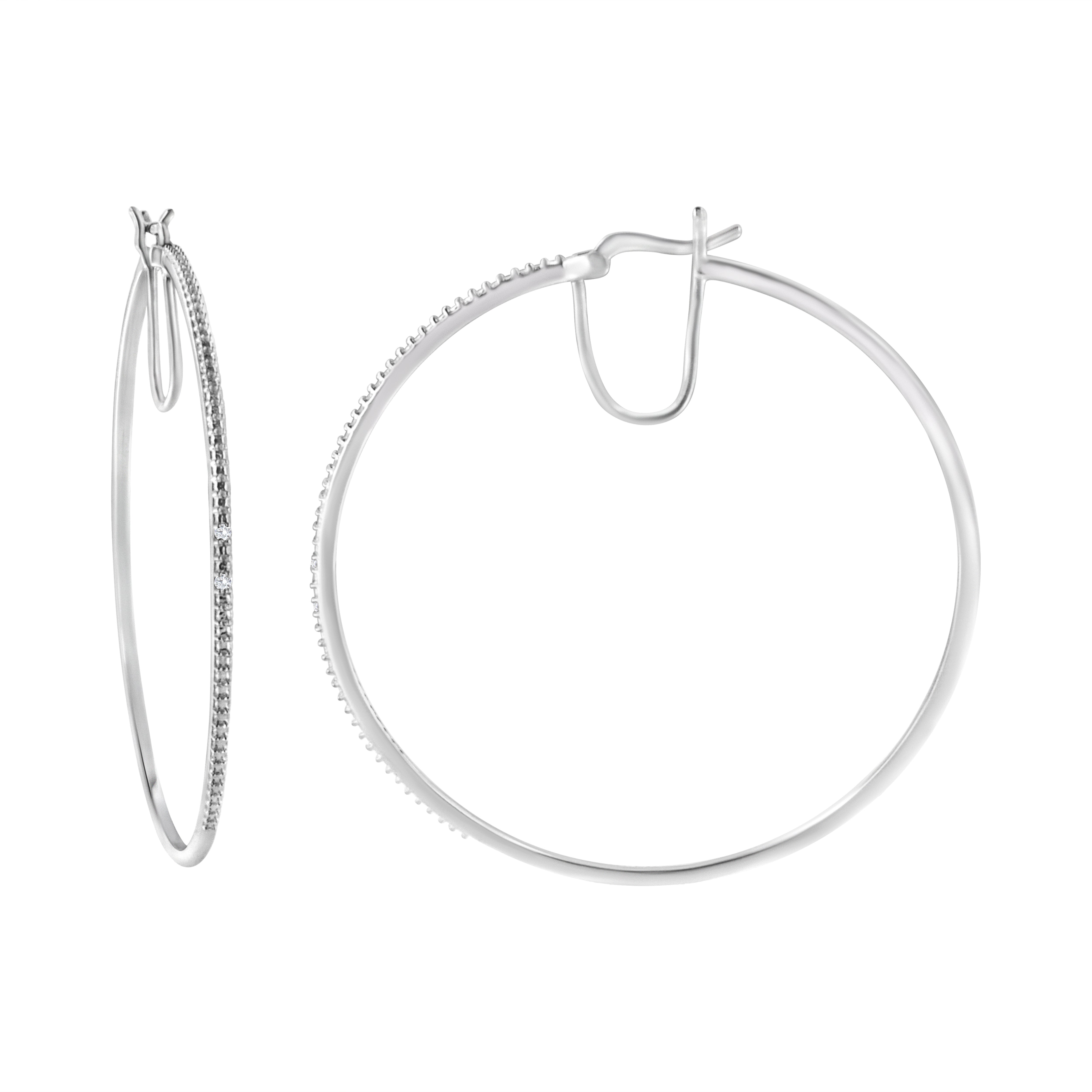 .925 Sterling Silver Diamond Accent Medium Sized Hoops Earrings (i-j, I2-i3